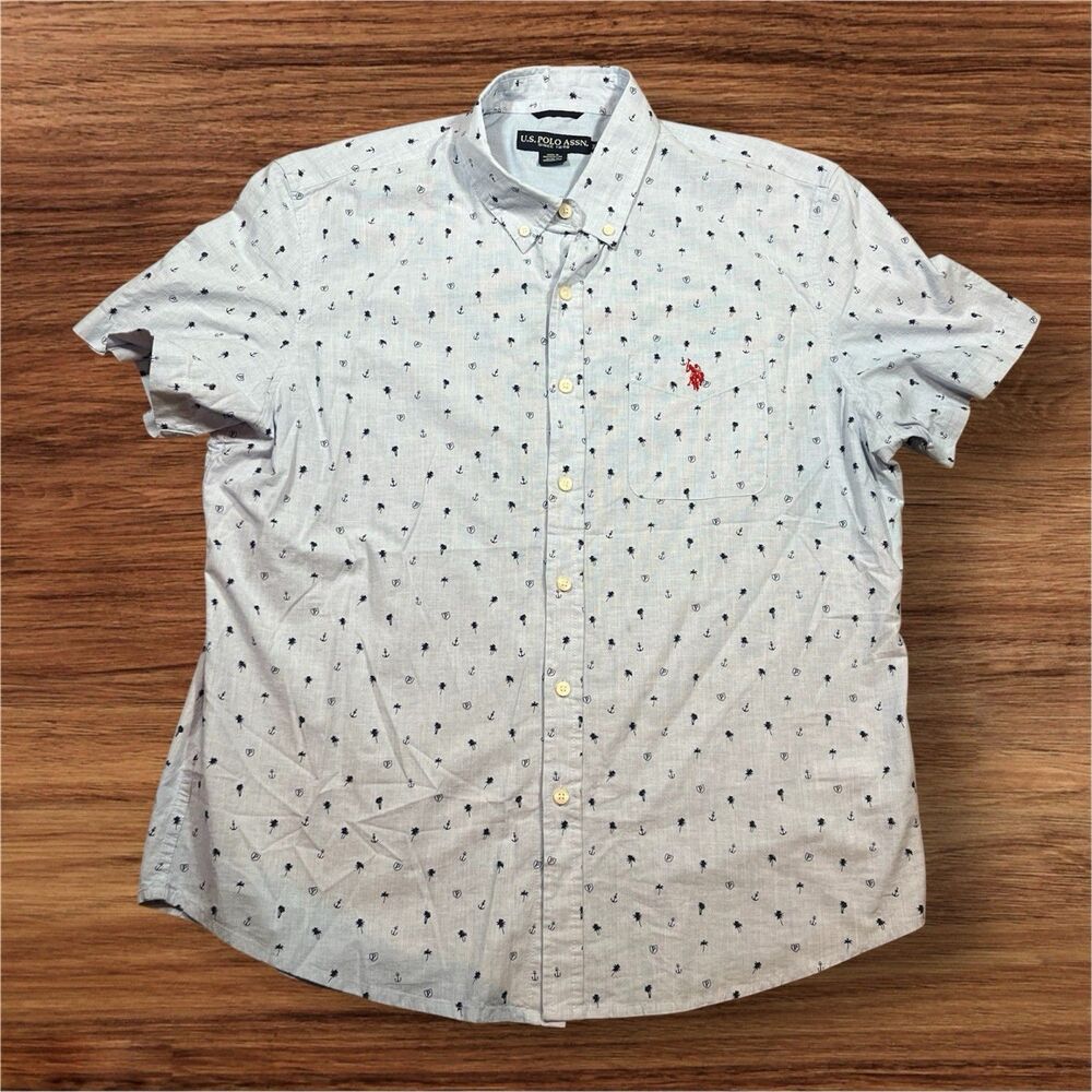 US Polo Assn. Short Sleeve Button Down Light Blue Palm Trees Shirt Mens Size‎ XL